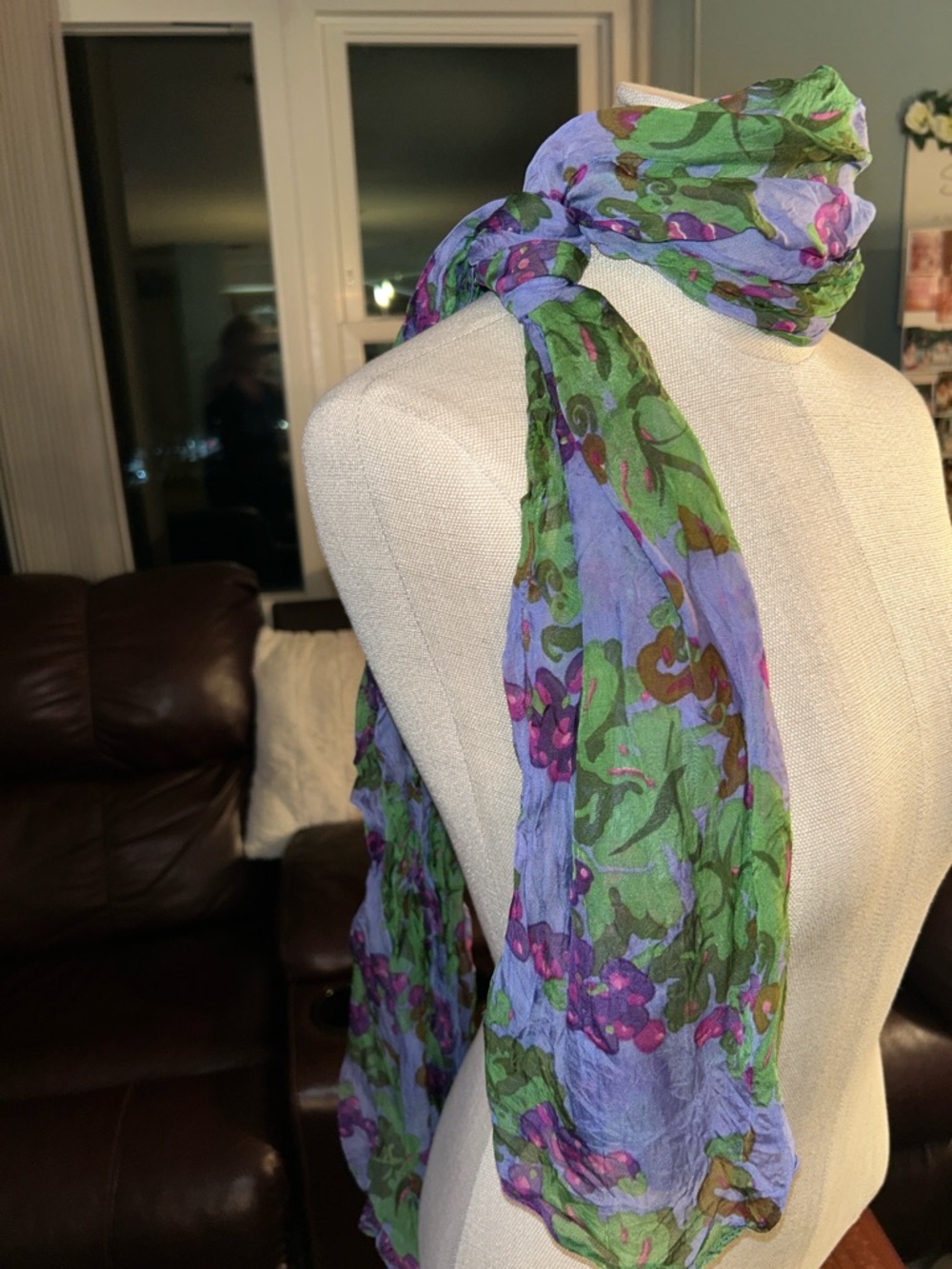 Lightweight Floral Scarf in Lavender and Green - Picture 7 of 7